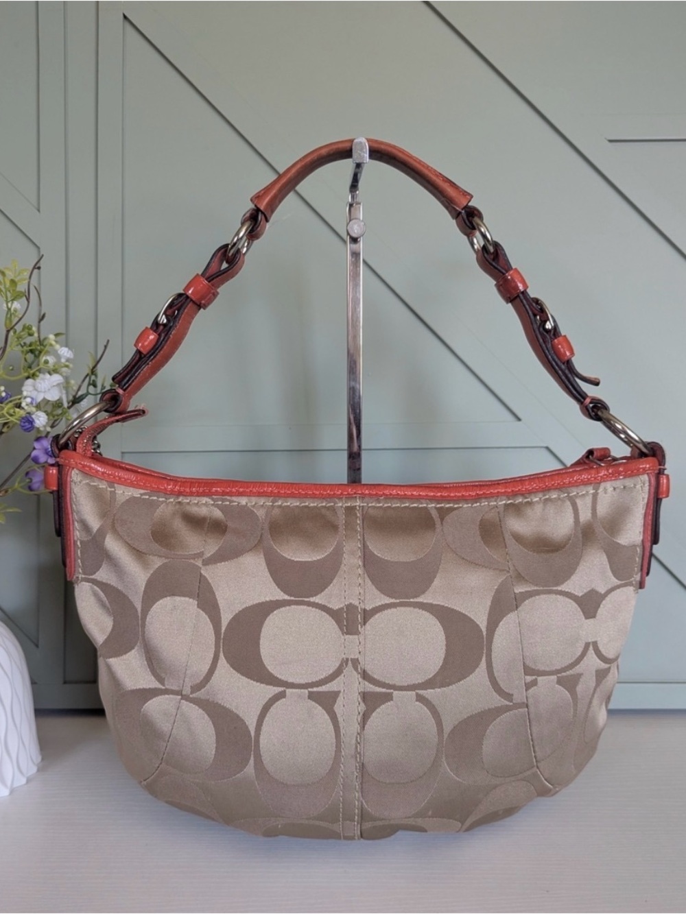 Coach Khaki Signature Canvas Shoulder Bag with Coral Trim hobo carriage 12675